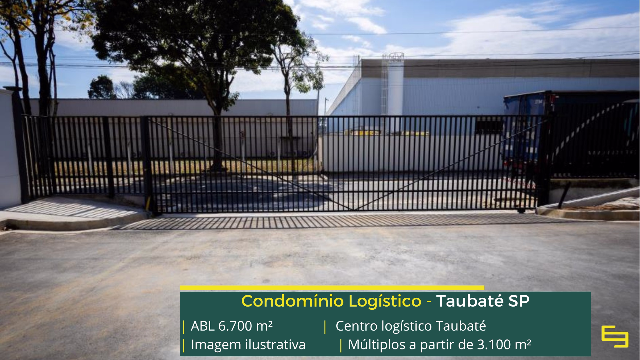 Centro Logístico Taubaté: galpão em Taubaté SP com 6.700 m² de ABL, módulos a partir de 3.100 m², pé-direito de 12 m e piso para 6 t/m².