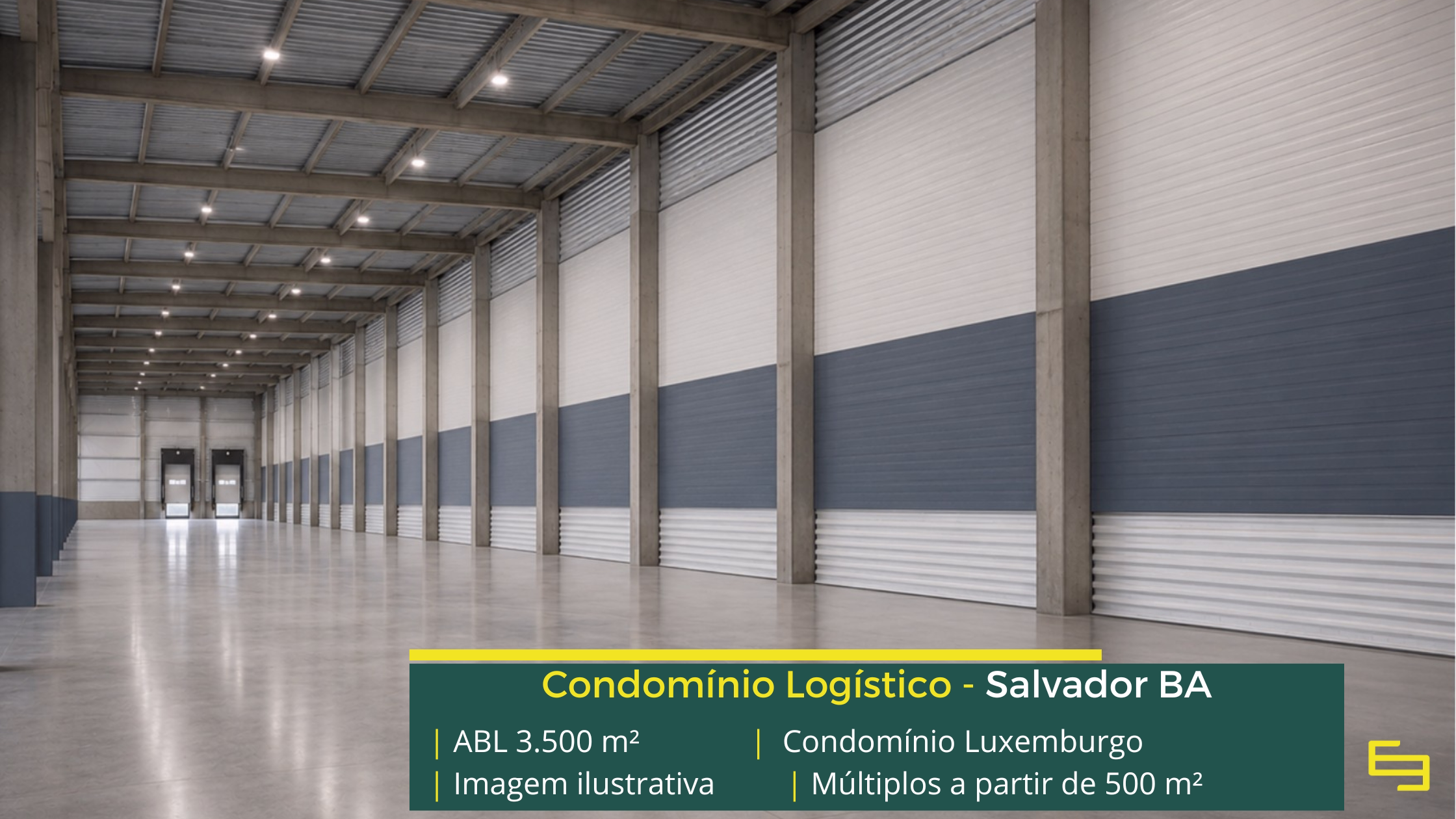 Condomínio Luxemburgo: galpão em Salvador BA com 3.500 m², pé-direito de 9 m, piso para 5 t/m² e possibilidade de execução de docas.