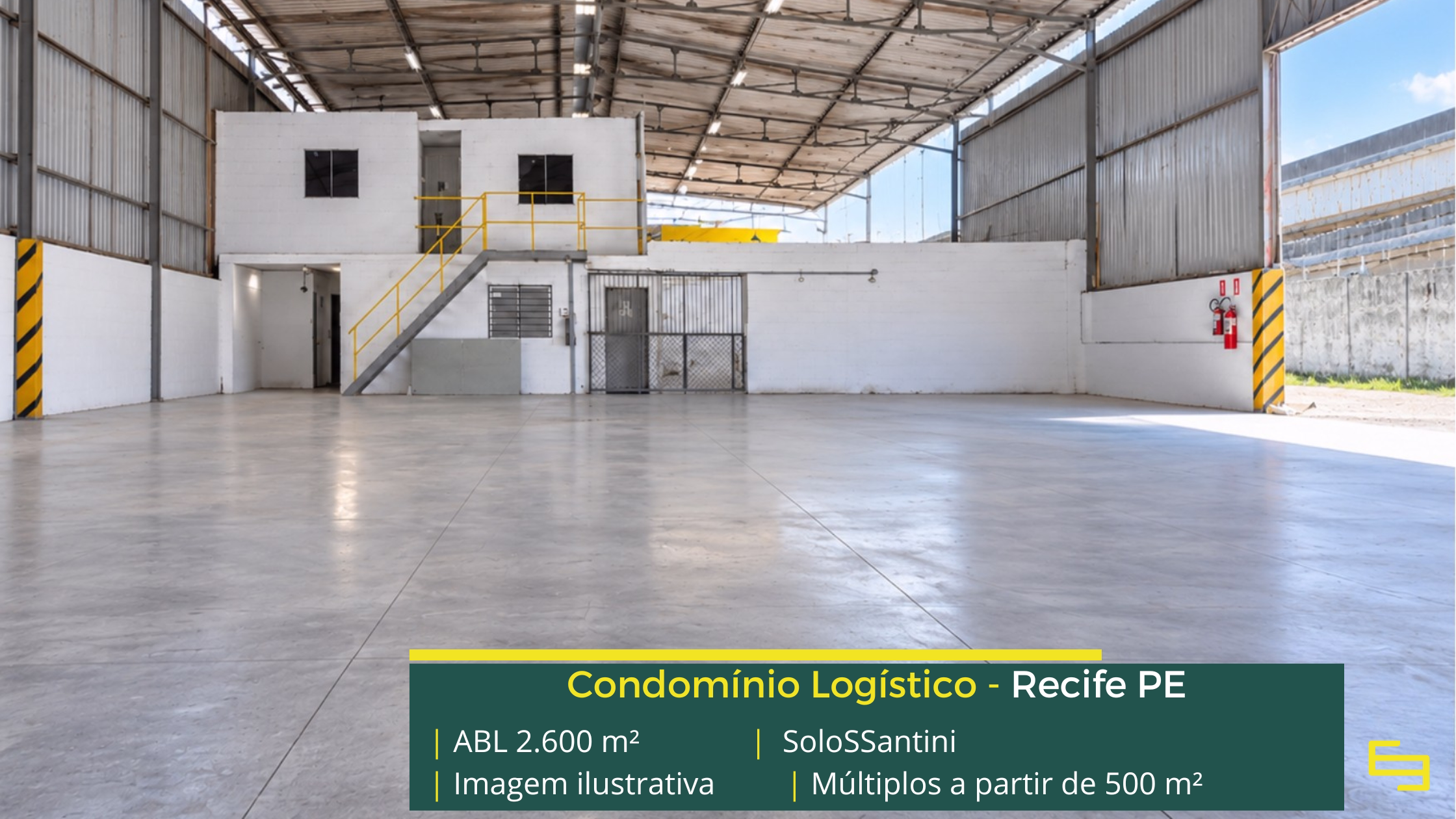 SoloSSantini: galpão em Recife PE com módulos de 200 m² a 2.600 m², piso para 5 t/m², salas comerciais e área para expansão.