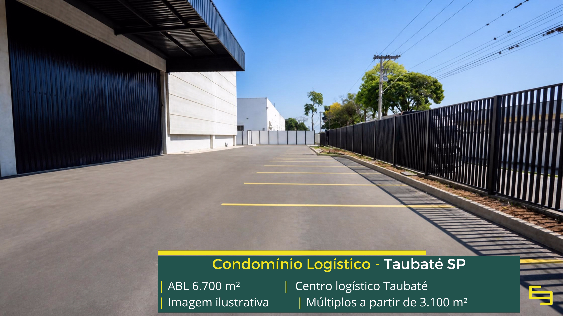 Centro Logístico Taubaté: galpão em Taubaté SP com 6.700 m² de ABL, módulos a partir de 3.100 m², pé-direito de 12 m e piso para 6 t/m².