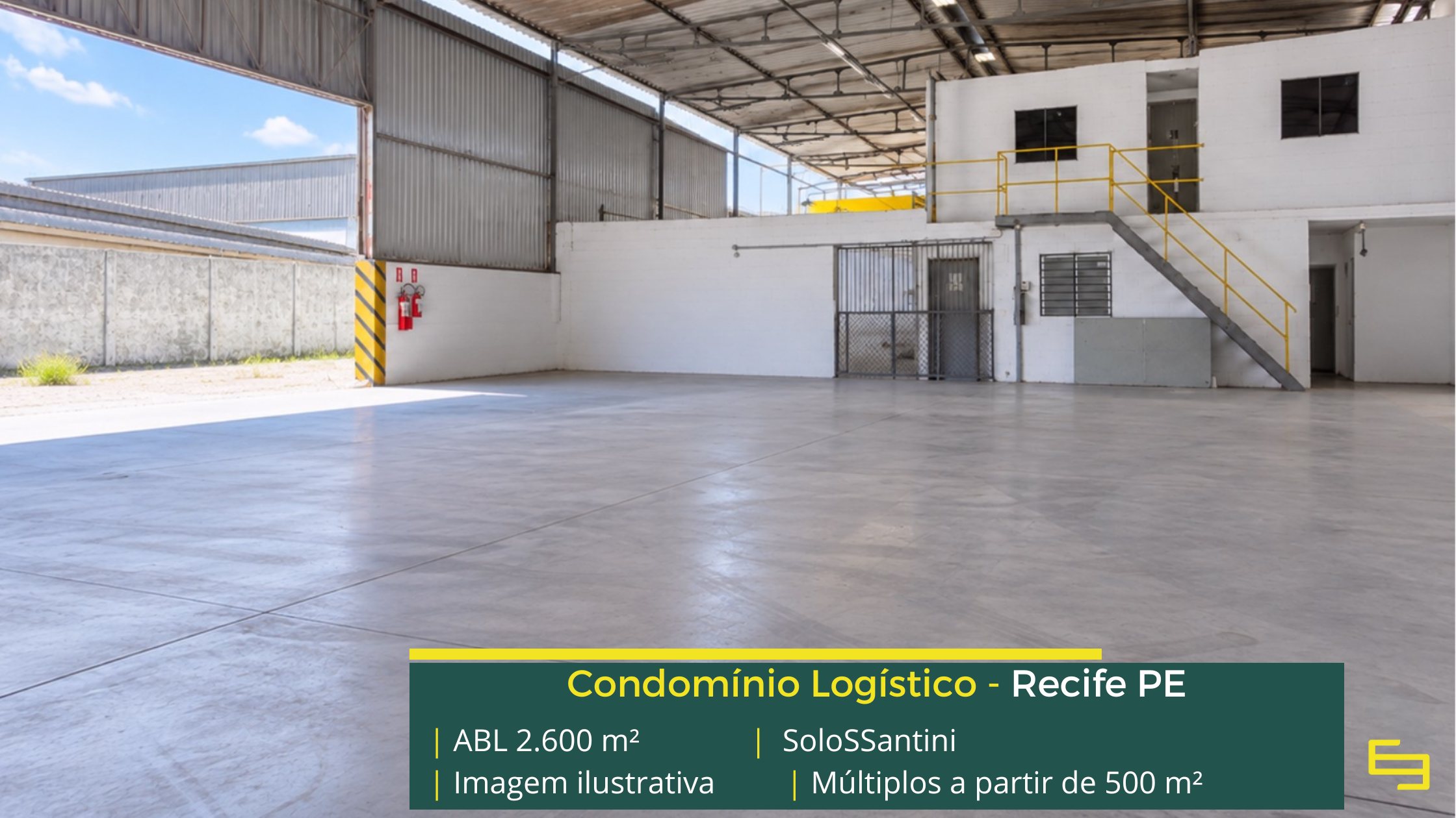 SoloSSantini: galpão em Recife PE com módulos de 200 m² a 2.600 m², piso para 5 t/m², salas comerciais e área para expansão.