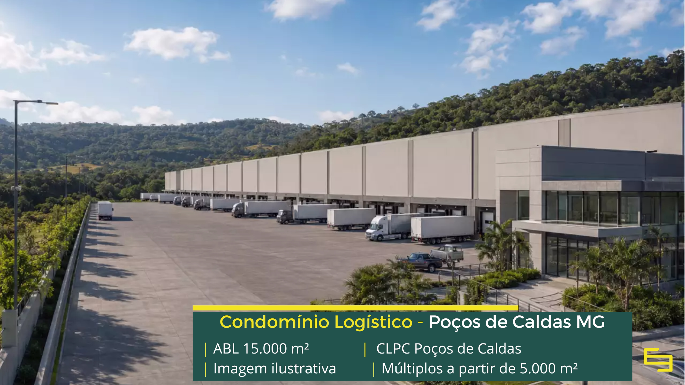 Galpão em Poços de Caldas MG Condomínio Logístico Poços de Caldas: projeto BTS com mais de 15.000 m², módulos a partir de 5.000 m² e piso industrial para 6 t/m².