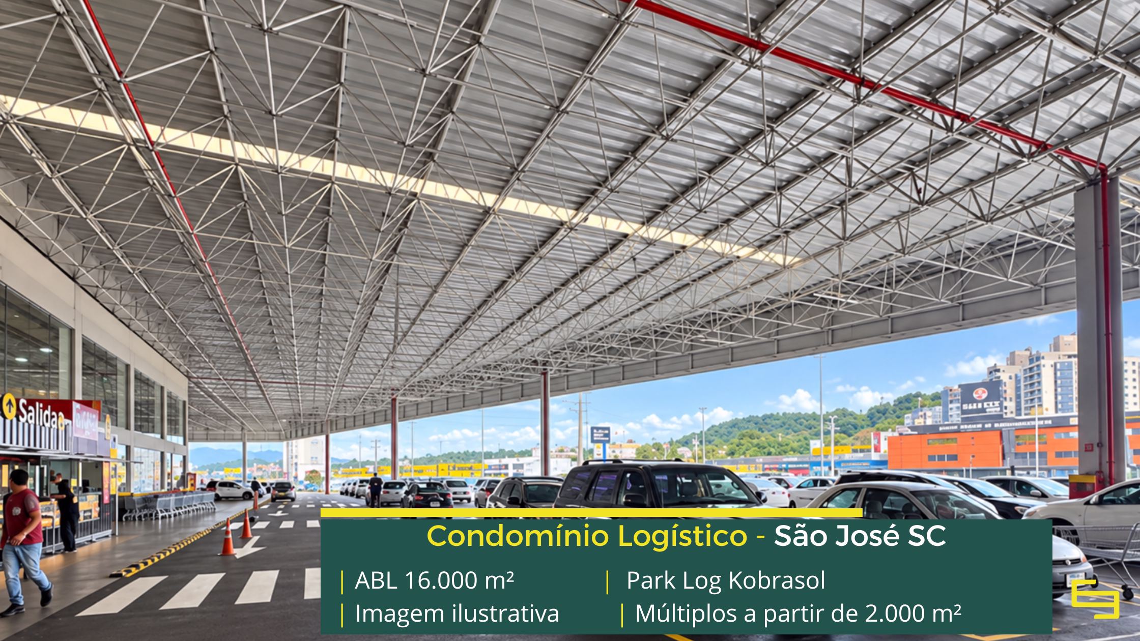 Park Log Kobrasol: galpão em São José SC com módulos a partir de aproximadamente 2.000 m², piso para 4 t/m² e acesso à BR-101.