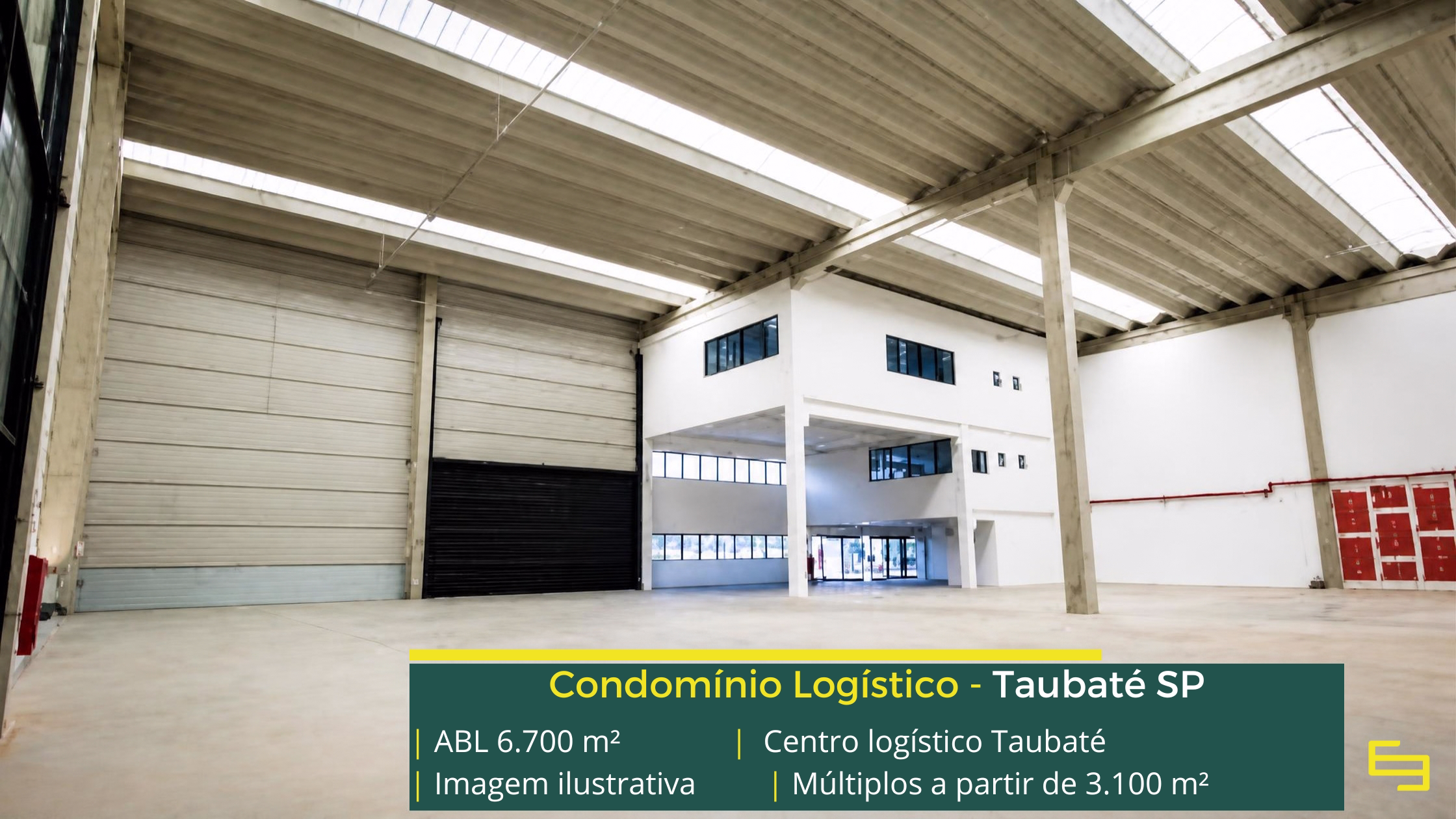 Centro Logístico Taubaté: galpão em Taubaté SP com 6.700 m² de ABL, módulos a partir de 3.100 m², pé-direito de 12 m e piso para 6 t/m².