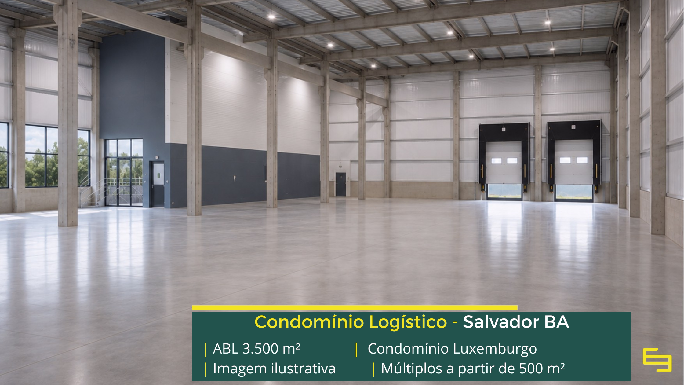 Condomínio Luxemburgo: galpão em Salvador BA com 3.500 m², pé-direito de 9 m, piso para 5 t/m² e possibilidade de execução de docas.