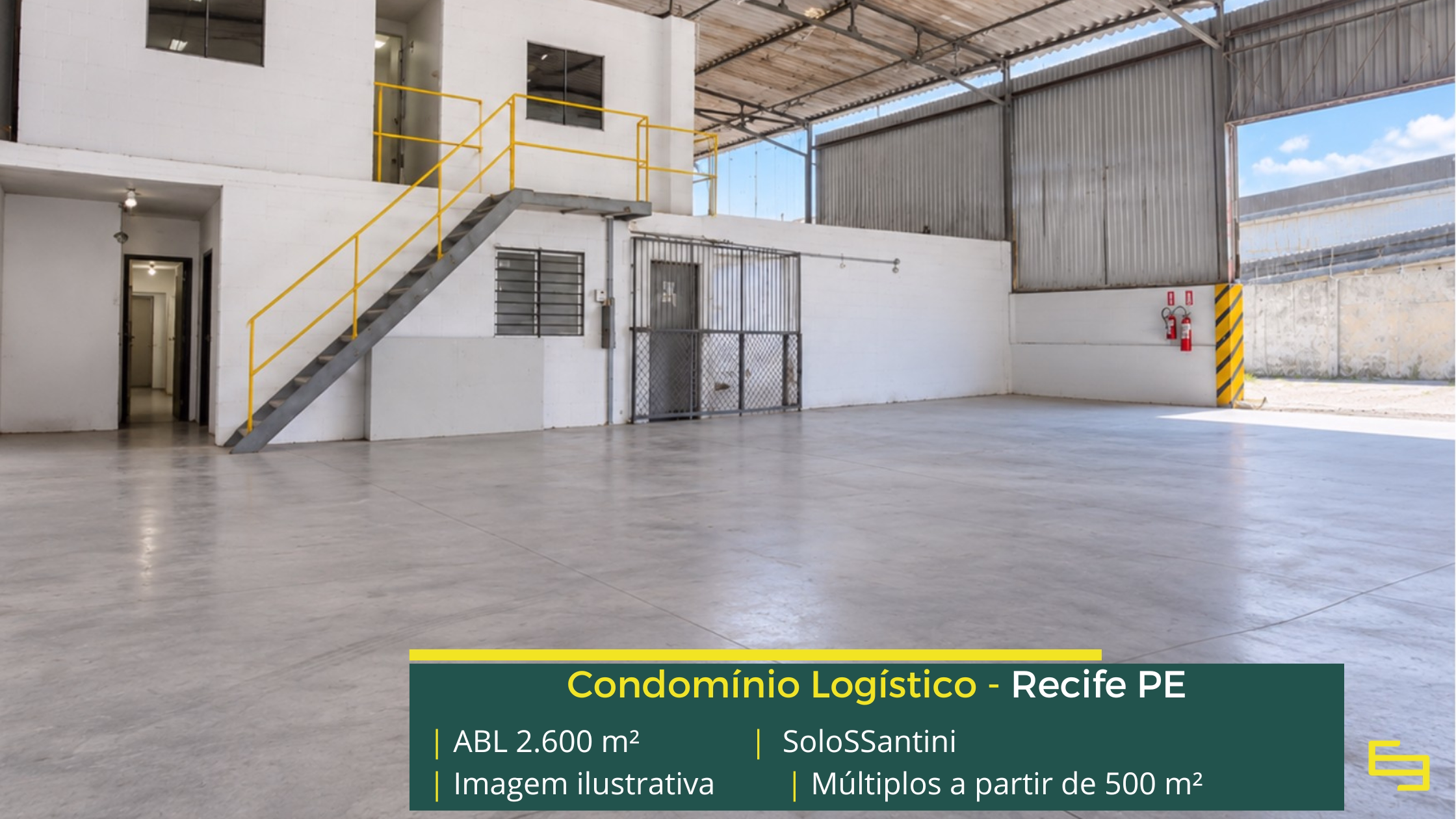 SoloSSantini: galpão em Recife PE com módulos de 200 m² a 2.600 m², piso para 5 t/m², salas comerciais e área para expansão.