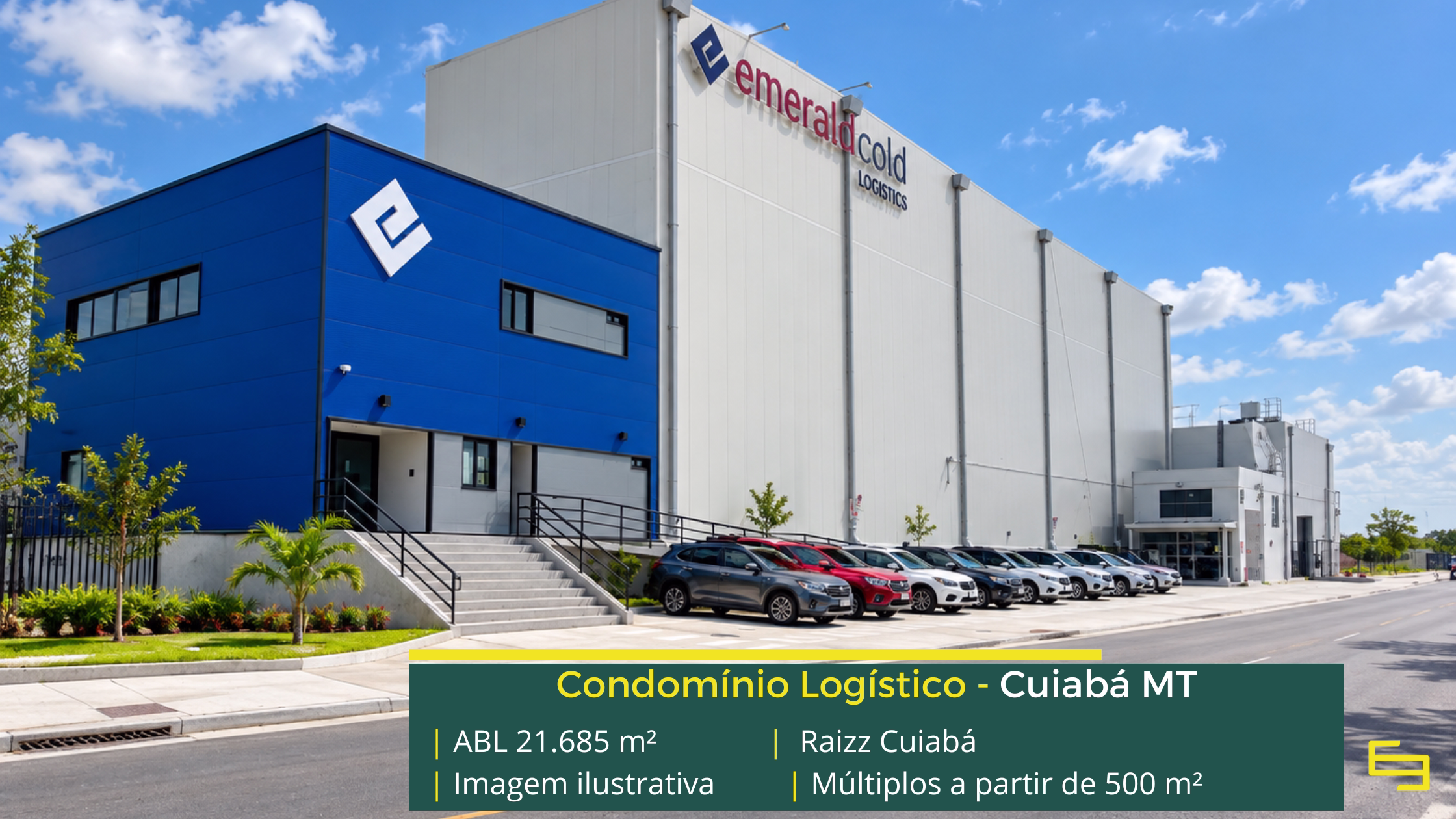 Galpão refrigerado em Cuiabá: conheça o Raizz Cuiabá, com 21.685 m² de ABL, piso para 6 t/m², docas e estrutura de apoio.