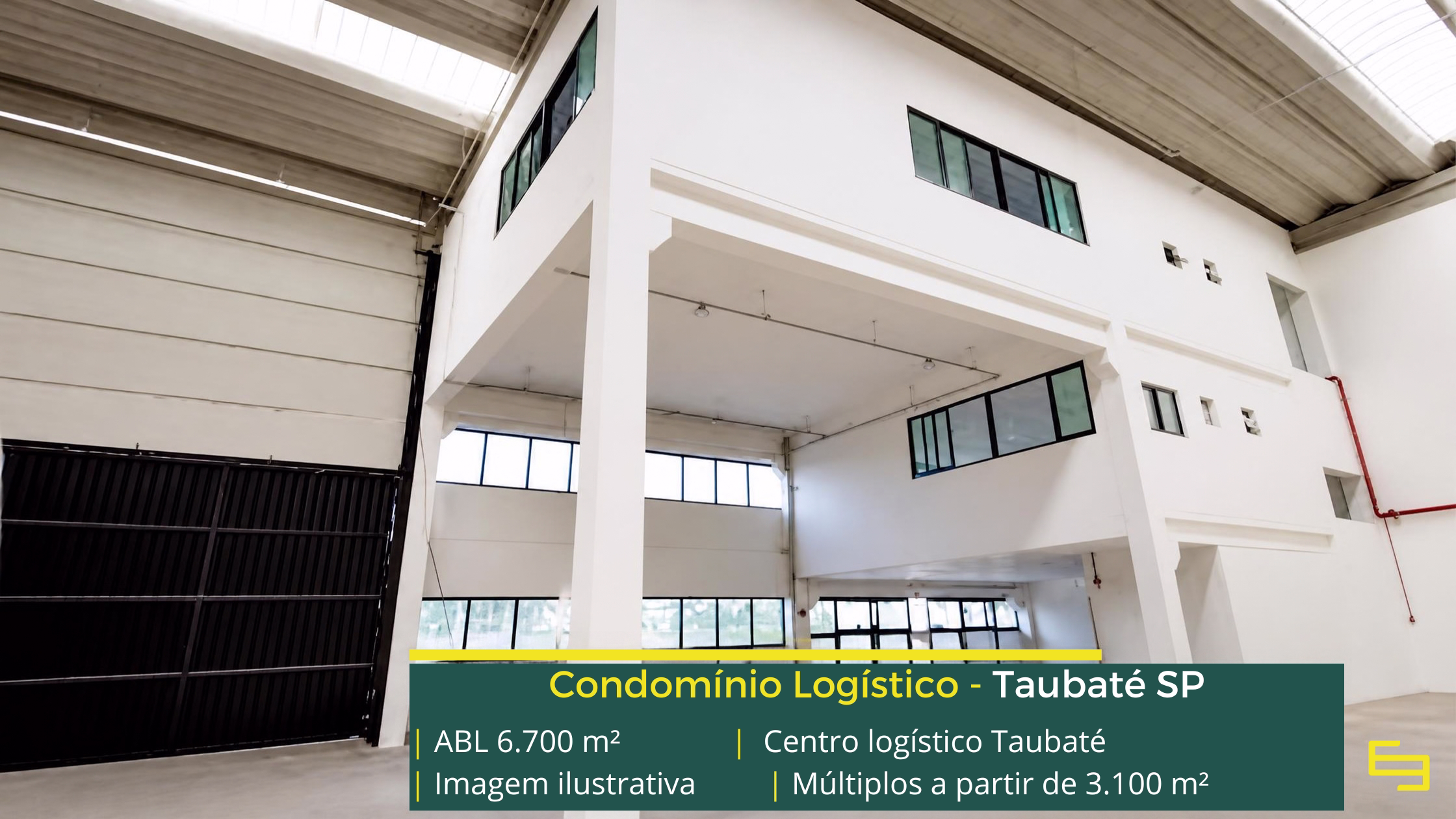 Centro Logístico Taubaté: galpão em Taubaté SP com 6.700 m² de ABL, módulos a partir de 3.100 m², pé-direito de 12 m e piso para 6 t/m².