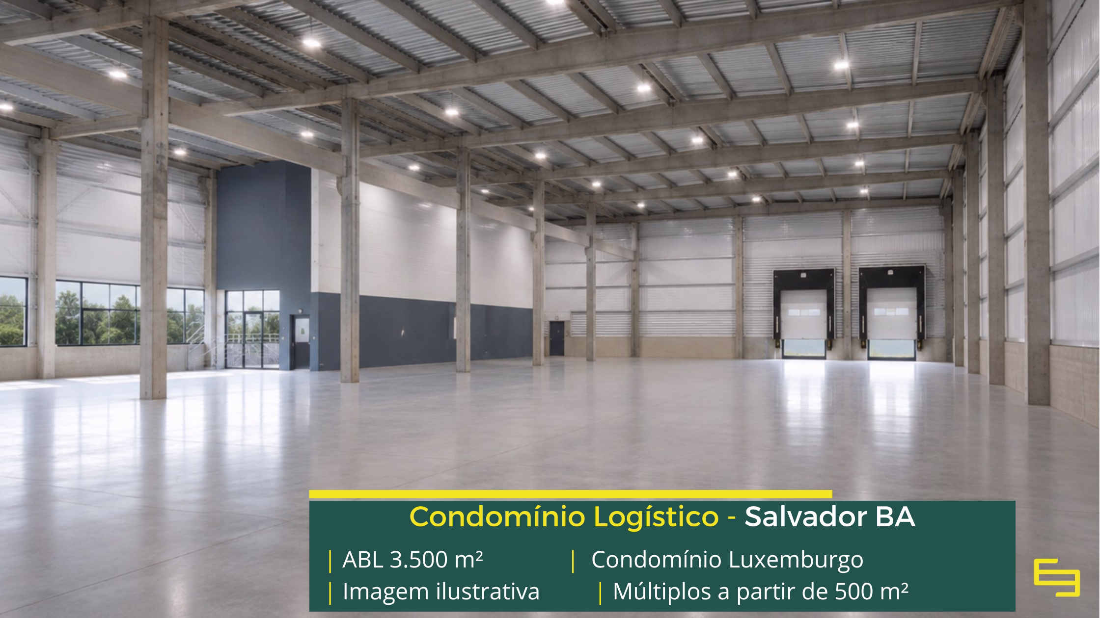 Condomínio Luxemburgo: galpão em Salvador BA com 3.500 m², pé-direito de 9 m, piso para 5 t/m² e possibilidade de execução de docas.