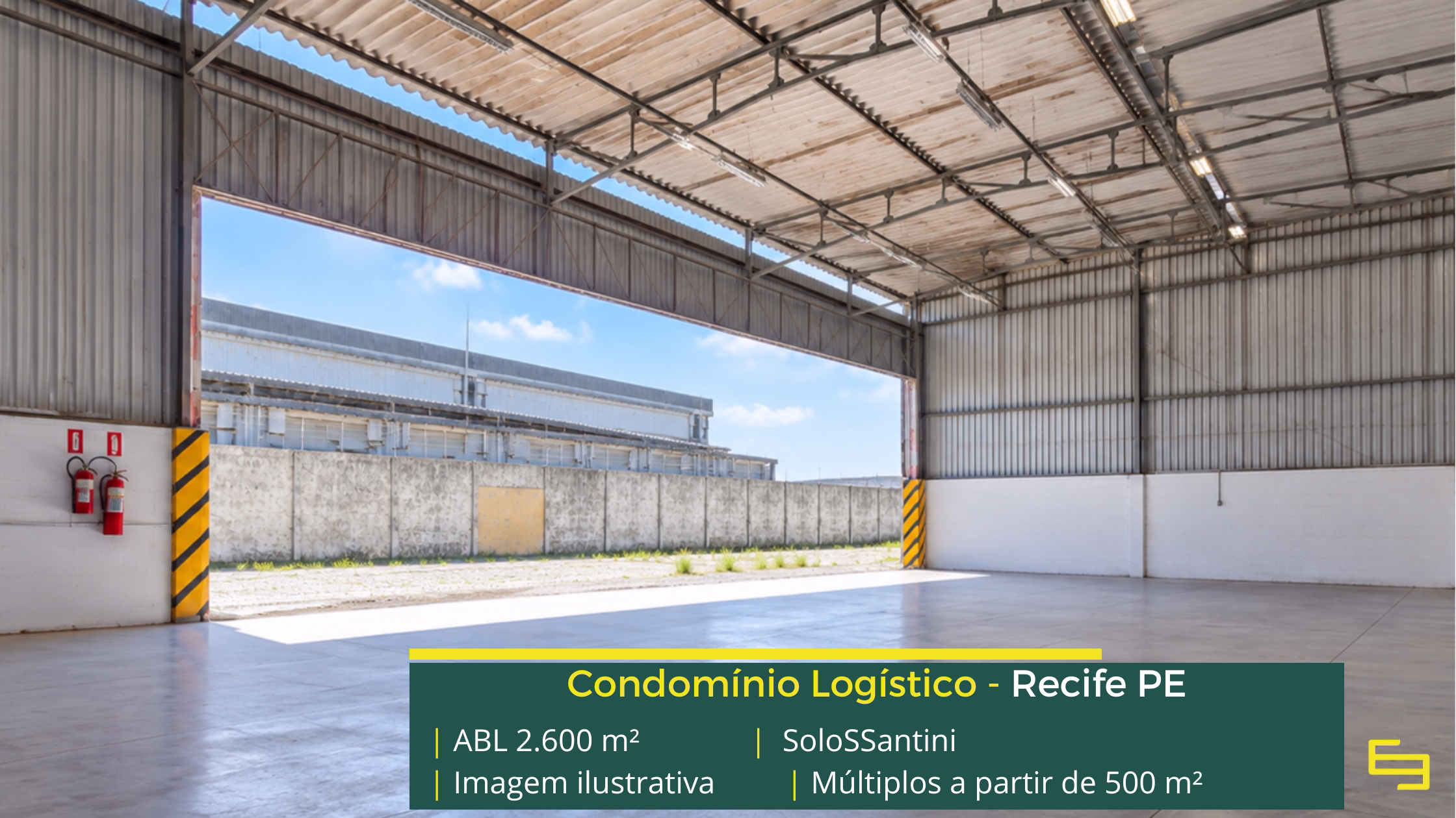 SoloSSantini: galpão em Recife PE com módulos de 200 m² a 2.600 m², piso para 5 t/m², salas comerciais e área para expansão.